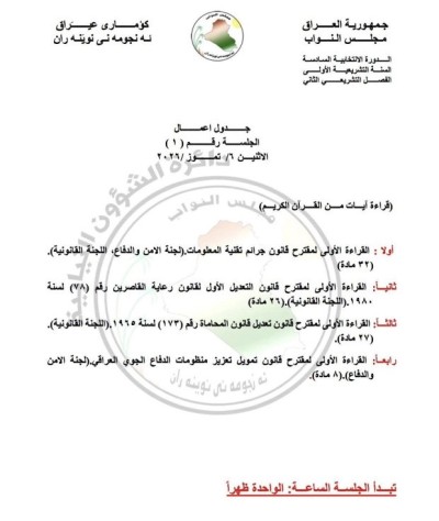 جدول أعمال جلسة مجلس النواب ليوم الاثنين المقبل
