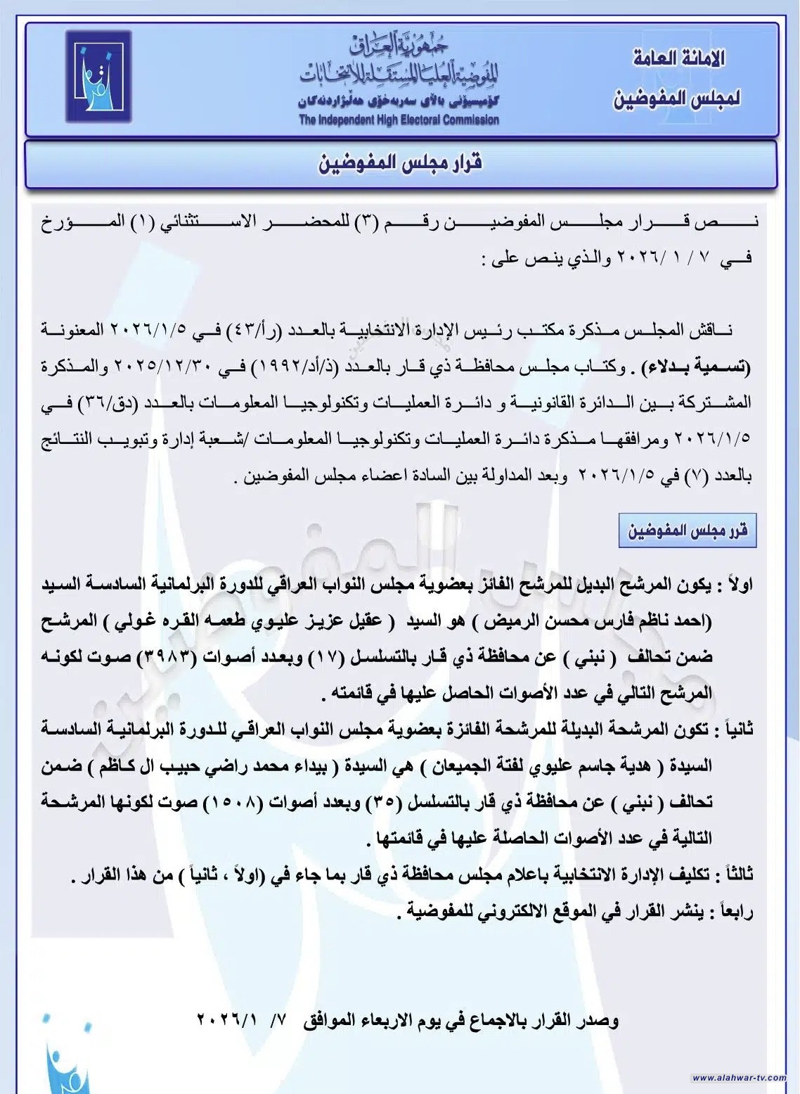 وثيقة رسمية: عقيل عليوي وبيداء راضي بدلاء في مجلس ذي قار