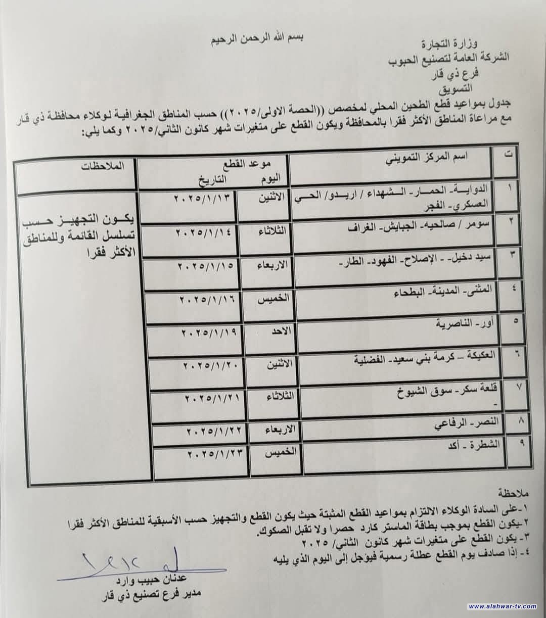 تموين ذي قار يدعو وكلاء الطحين لمراجعة مبيعات الشركة العامة لتصنيع الحبوب لقطع الحصة الأولى لعام 2025