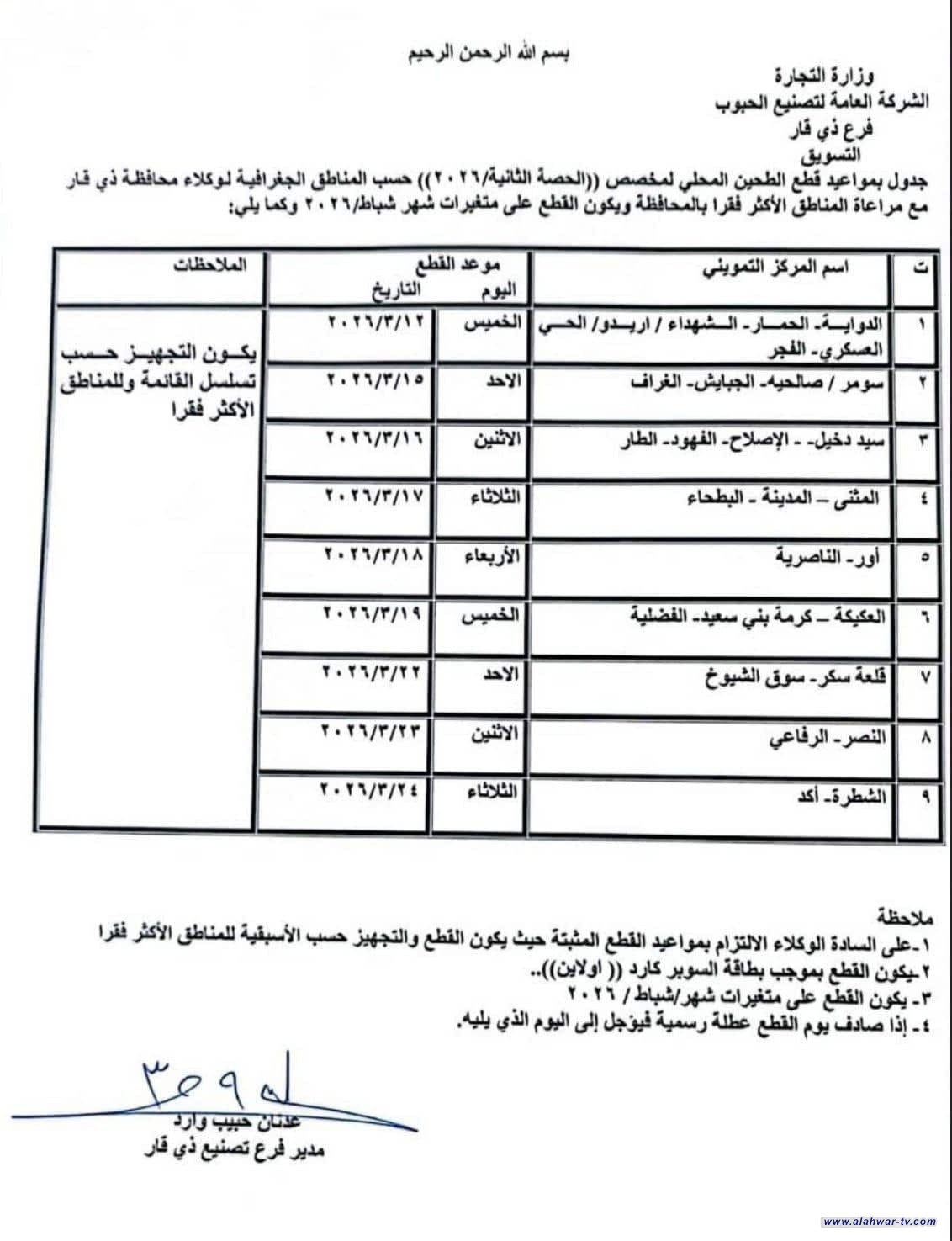 التجارة تعلن جدول الحصة الثانية من الطحين لعام 2026 في ذي قار