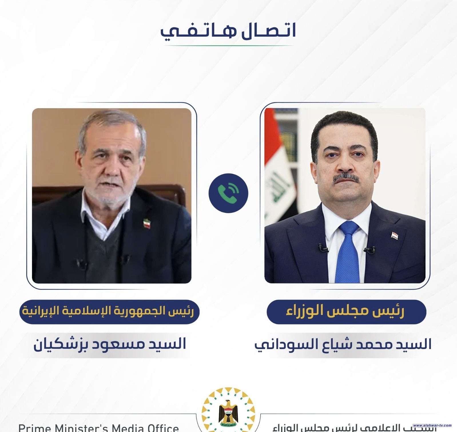 رئيس الوزراء يؤكد للرئيس الإيراني رفض واستنكار العراق للحرب الظالمة التي تستهدف إيران