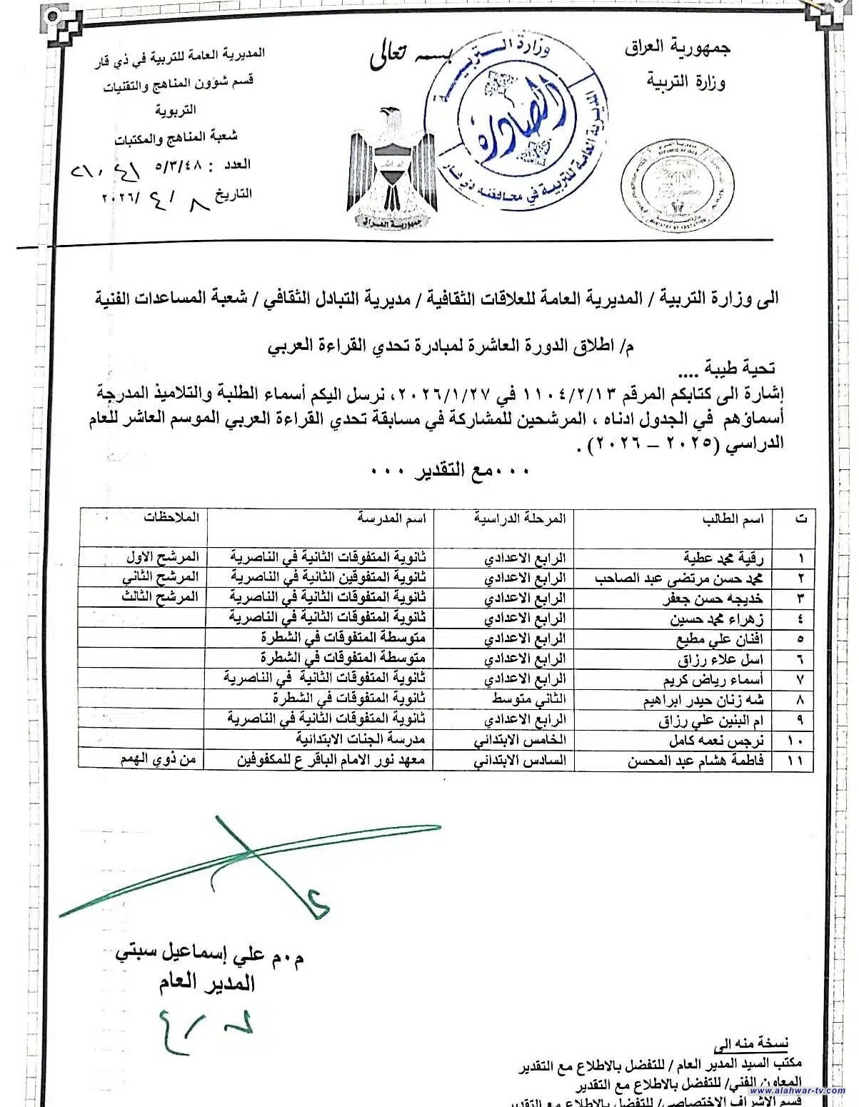 تربية ذي قار تعلن أسماء الطلبة المقبولين للمشاركة في الدورة العاشرة من تحدي القراءة العربي