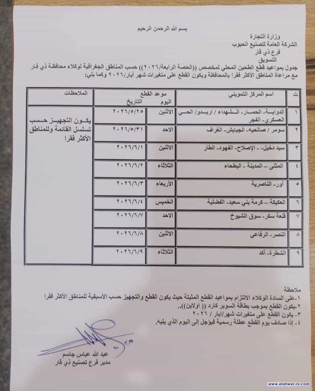 مركز تموين ذي قار يصدر جدول قطع وكلاء الطحين للحصة الرابعة لعام 2026