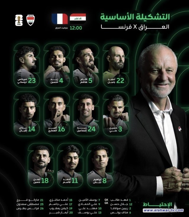 تشكيلة أسود الرافدين لمواجهة فرنسا في كأس العالم