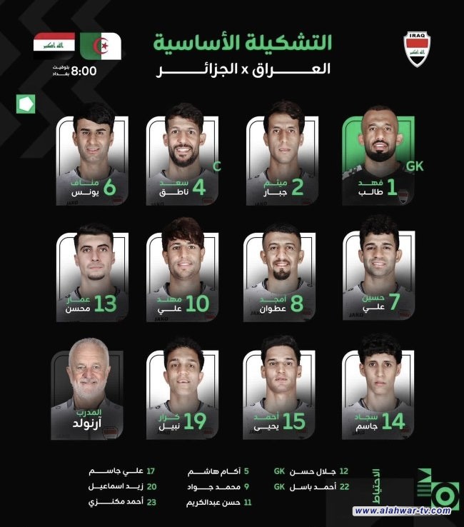 تشكيلة منتخبنا الوطني لمواجهة نظيره الجزائري في كأس العرب