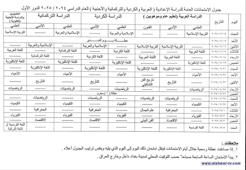 التربية تنشر الجدول الجديد للامتحانات العامة لطلبة السادس الإعدادي