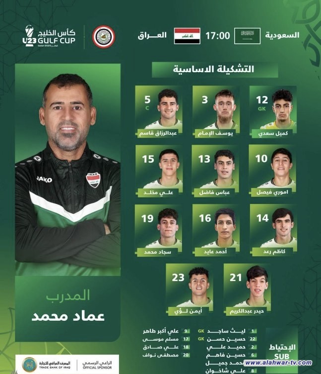 تشكيلة منتخبنا الأولمبي لمواجهة نظيره السعودي في نهائي كأس الخليج تحت 23 عاماً