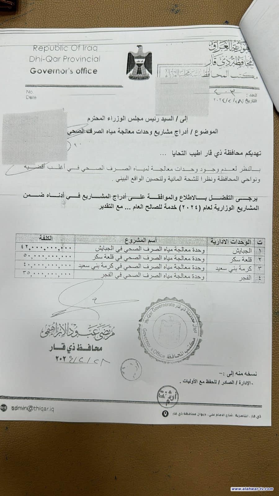 محافظ ذي قار يزف البشرى لأربعة اقضية دولة رئيس الوزراء يوافق على ادراج مشاريع للصرف الصحي بقيمة 167 مليار
